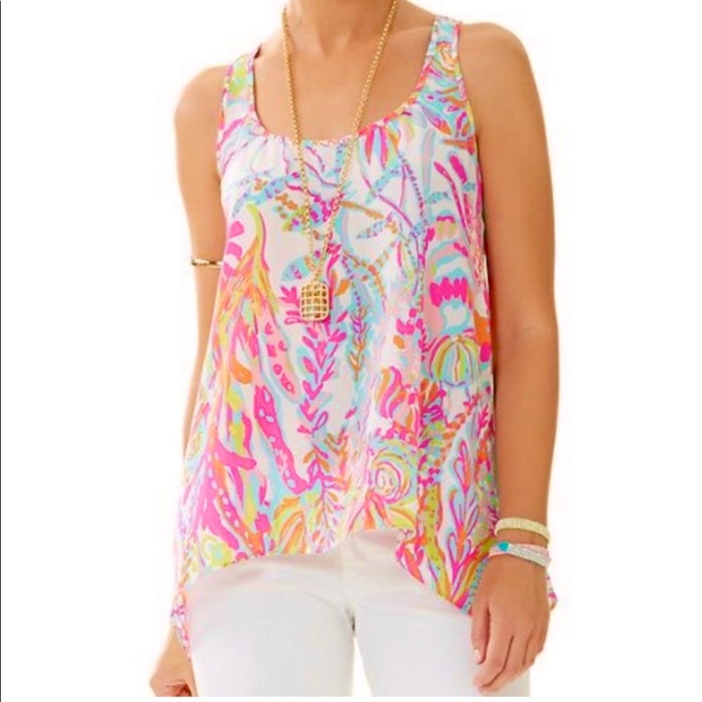 Lilly Pulitzer Sarina Scuba to Cuba Floral Sleeveless Silk Tank Top Blouse Small